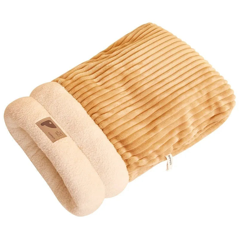 Brown semi-enclosed pet sleeping bag with lambswool warming layer for cats