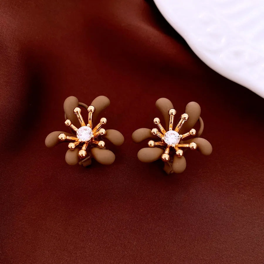 Real gold electroplated silver needle earrings with inlaid diamond and 3D flower shape, Coffee Color Gold option