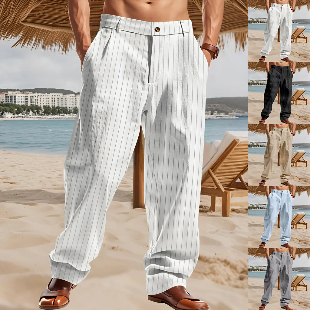 Man wearing striped linen high-waist wide-leg casual trousers