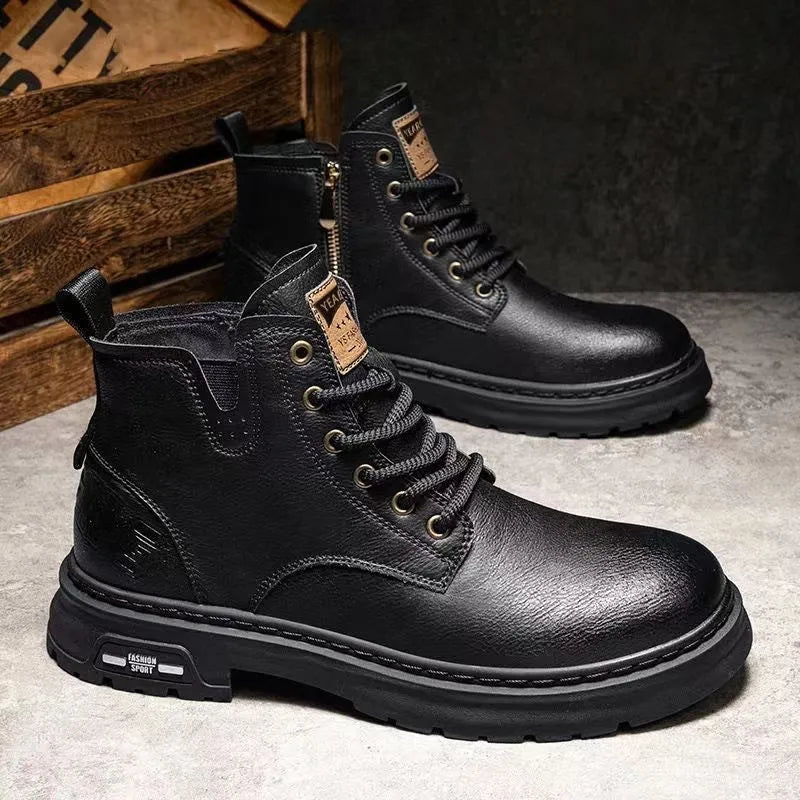 Retro British style Martin ankle boots for men round toe solid colour artificial PU leather black brown sizes 39-44
