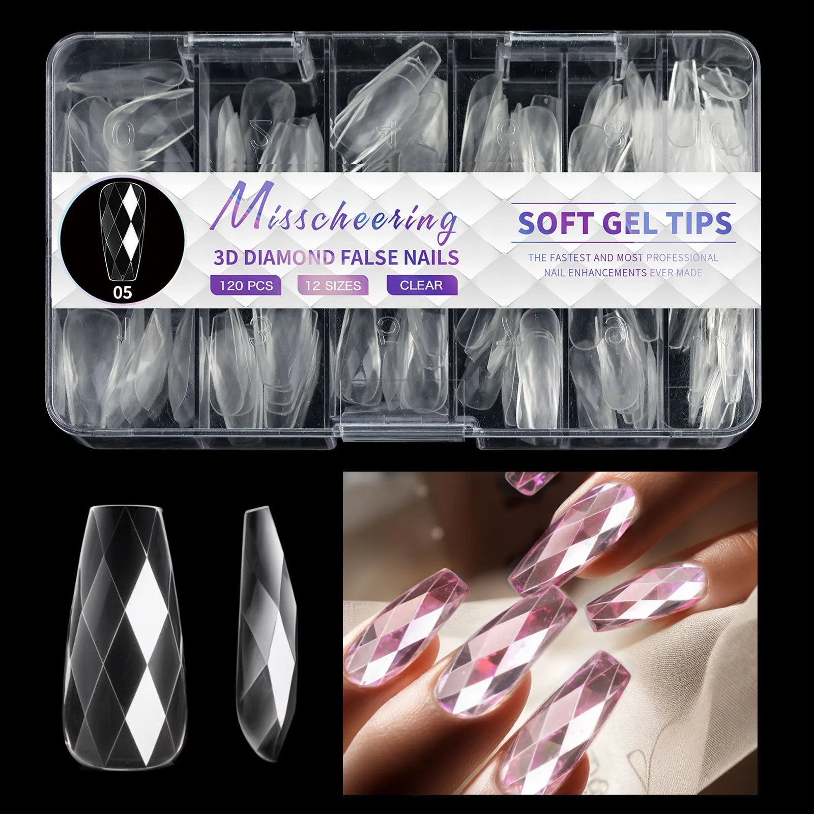 Box of long, shaped false nail tips with glittering diamond texture in various pink and white colours.