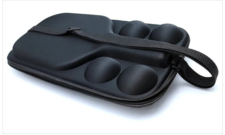 Black EVA pickleball storage bag with shoulder straps, shown holding a paddle and balls.