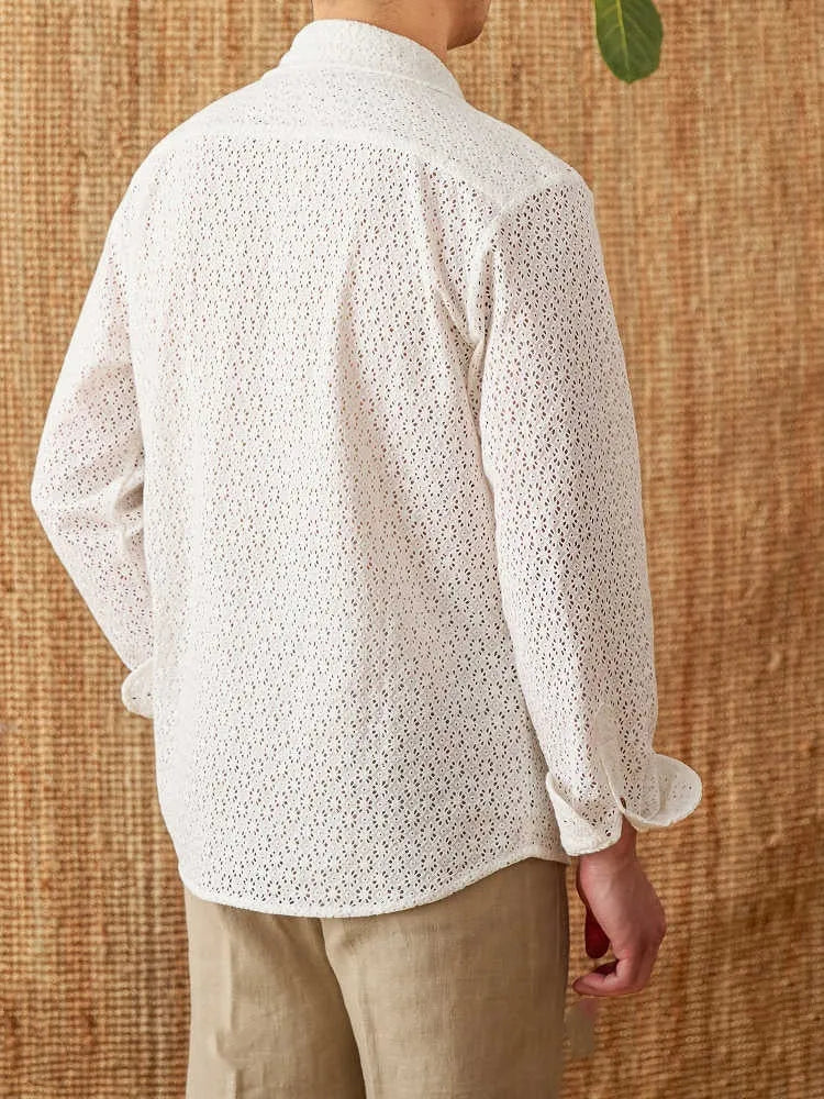 White open collar hollow breathable 100% cotton long-sleeved casual shirt for men