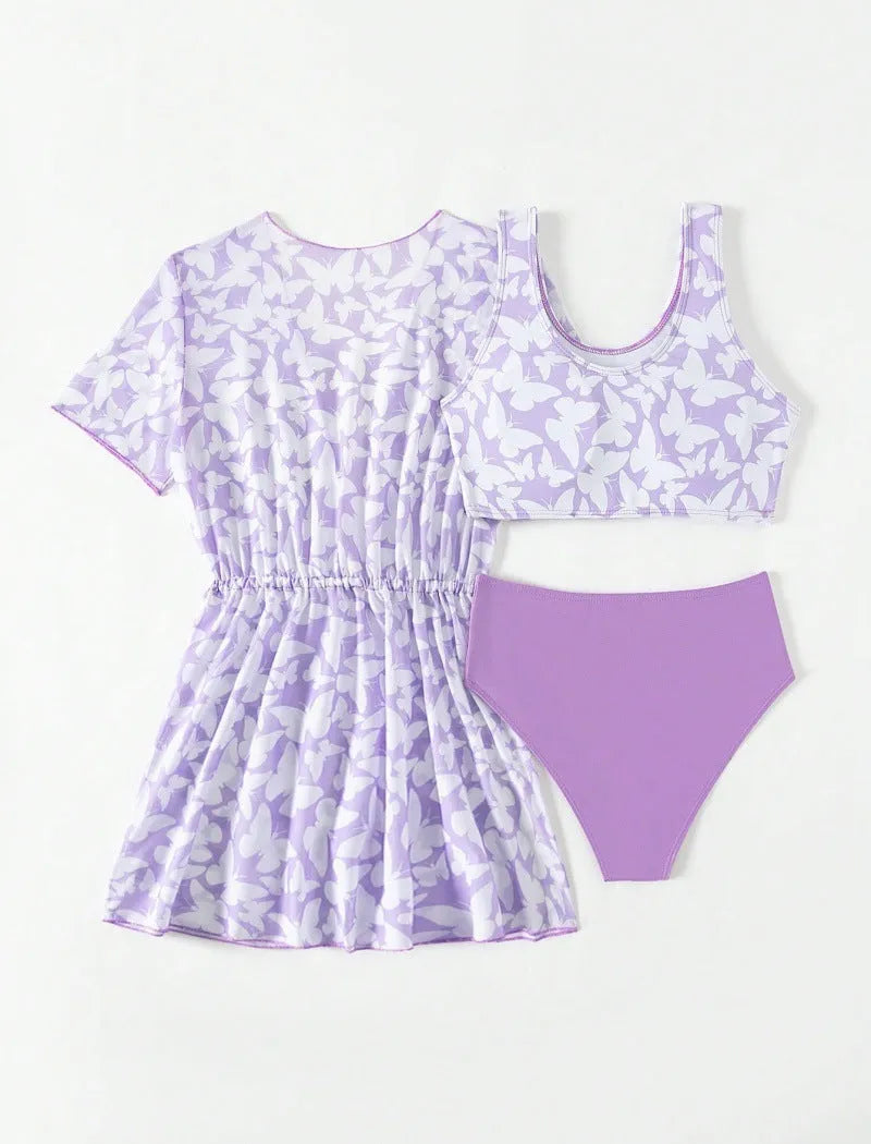 Girls three piece polyester swimsuit set comprising a coat, vest, and pants in colour 3218