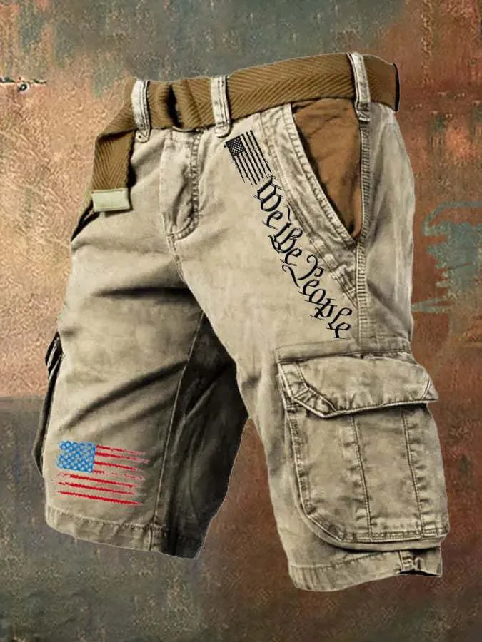 Men's khaki casual trousers with multiple pockets, loose fit, and fifth pants length