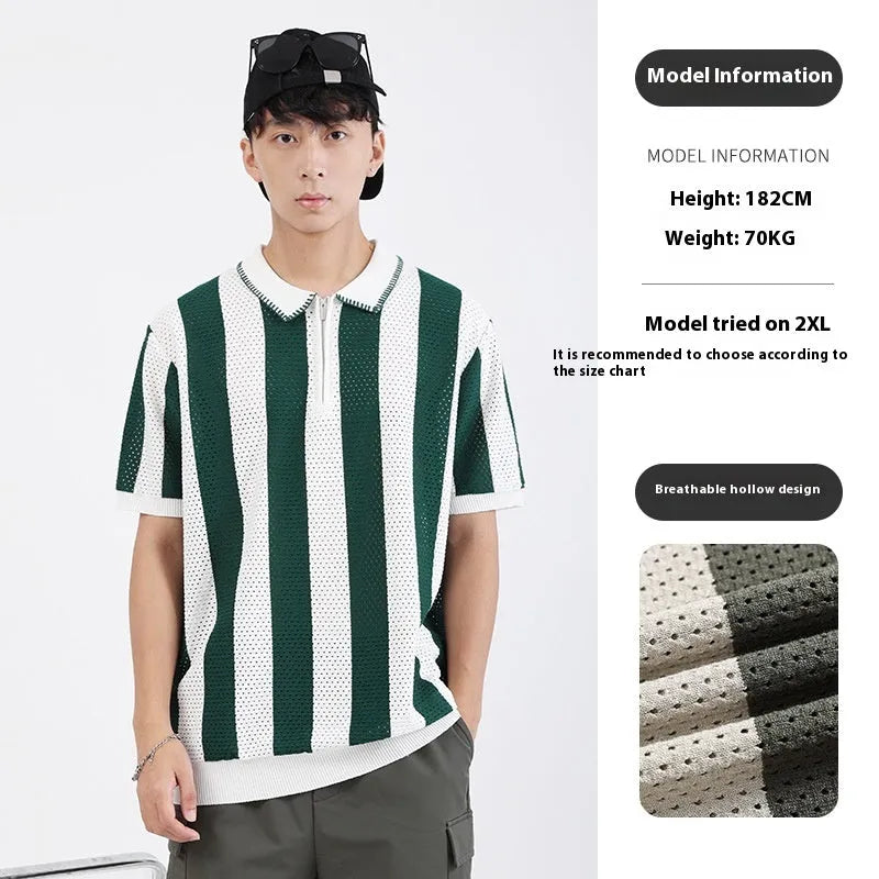 Men's short sleeve summer sweater in viscose with stripe pattern and zipper details