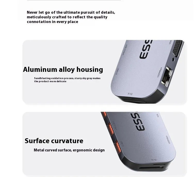 11-in-1 Type-C expansion docking station with Gigabit Ethernet port and a 20cm attached cable.