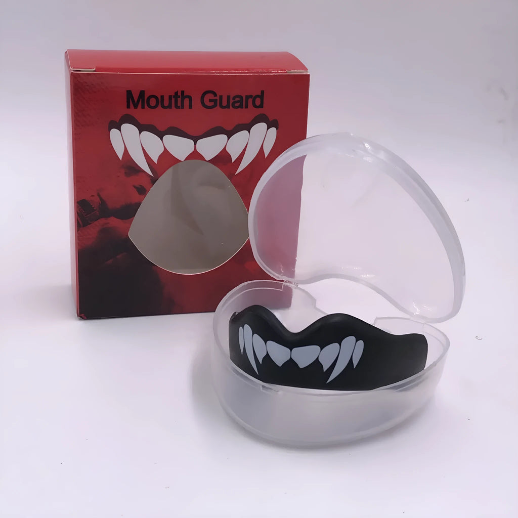 Adult boxing mouthguard with tooth socket design in black and white printed teeth graphic