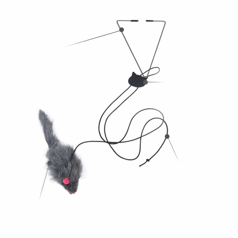 Cat toy with telescopic elastic rope hanging from door with plush mouse-shaped toy at bottom