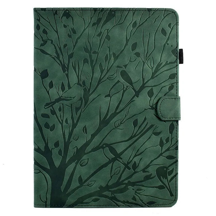 Imitation leather tablet protective case in khaki colour with an engraved texture and built-in stand, open to show an iPad.