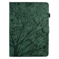 Imitation leather tablet protective case in khaki colour with an engraved texture and built-in stand, open to show an iPad.