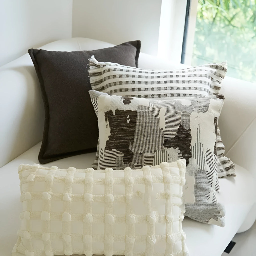 Coffee brown striped mid-century cushion pillow on sofa in square and rectangular sizes
