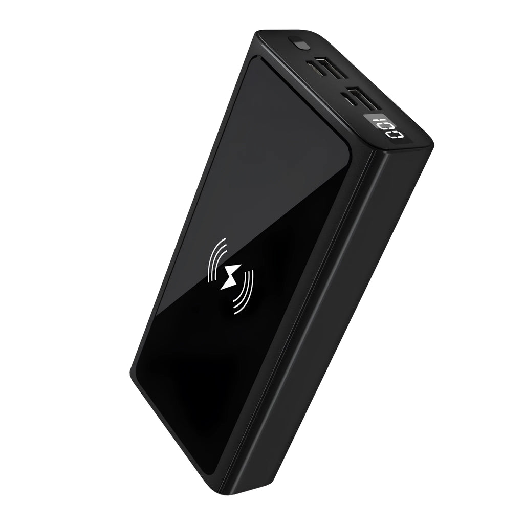 Black and blue 10000mAh power bank with wireless charging and built-in plug