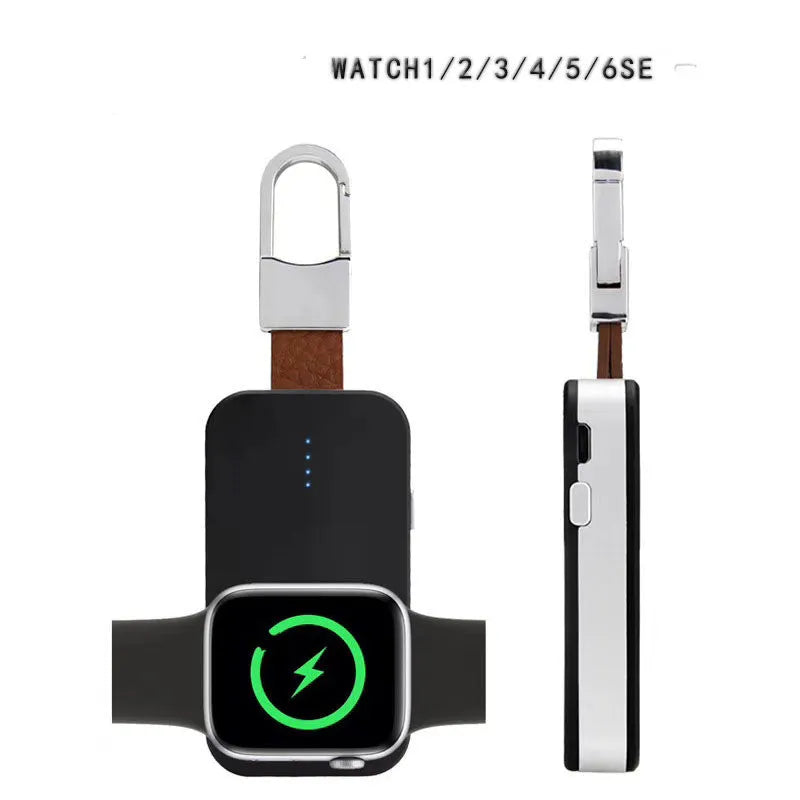 Black Apple Watch wireless keychain power bank on a keyring showing its compact size.