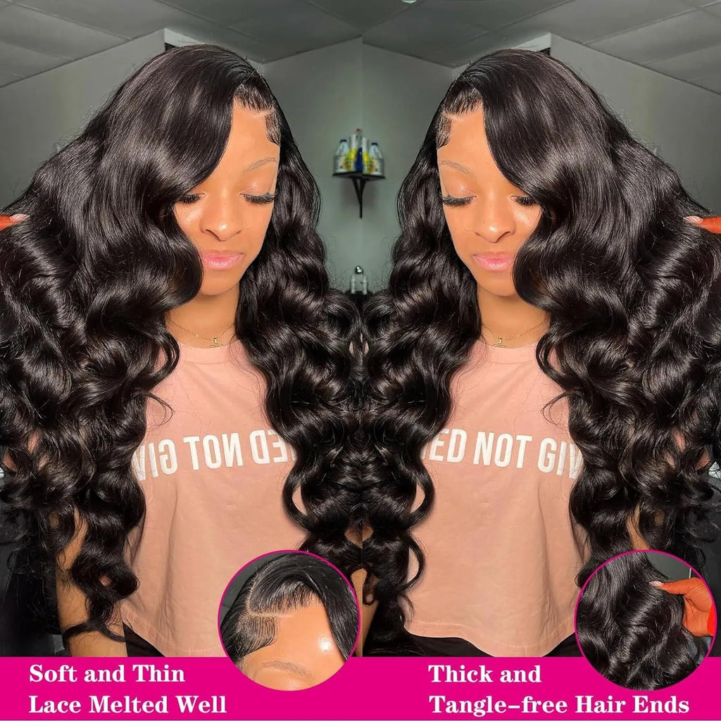 Black synthetic full-head wig with medium-length hair and large, curly waves on a display.