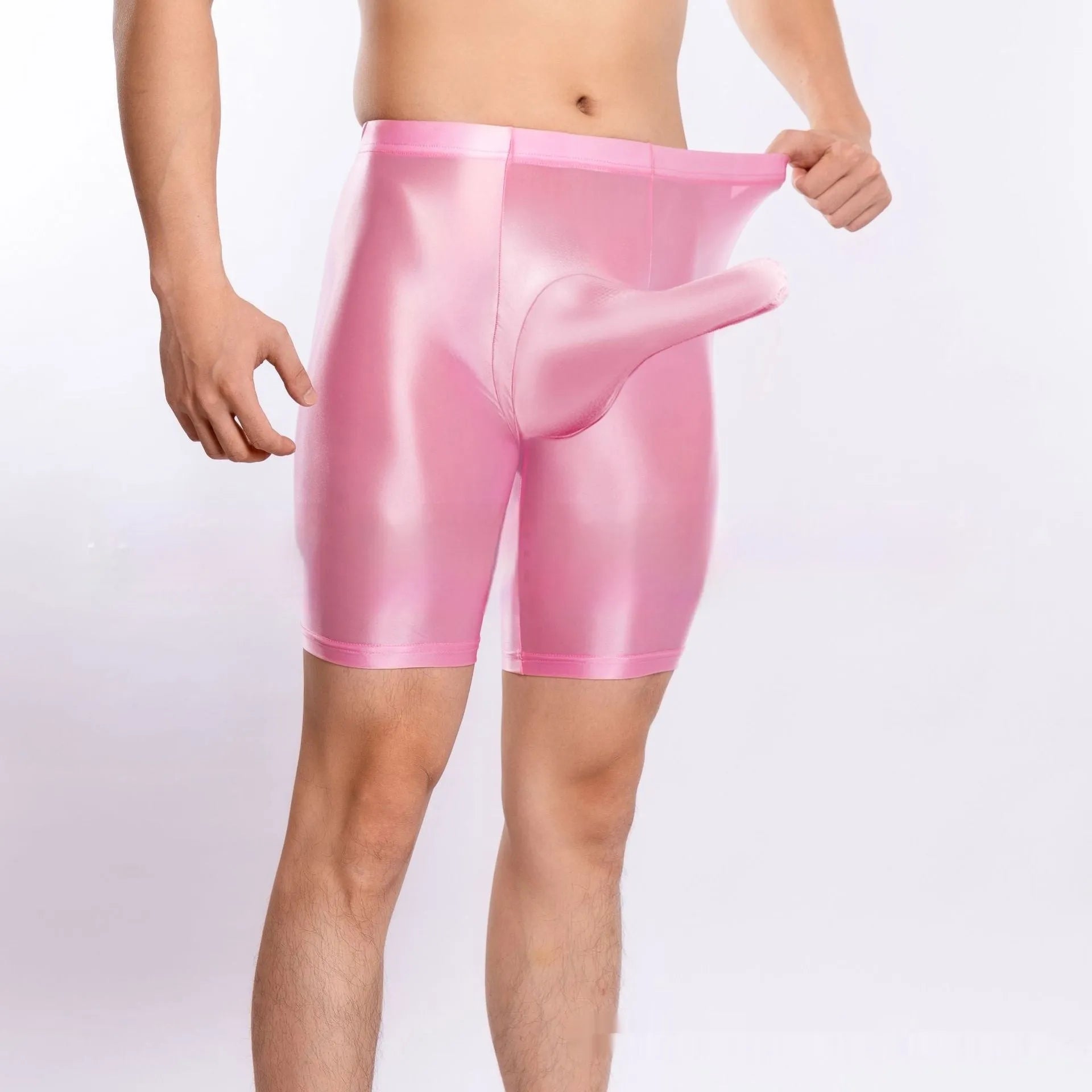 Plus size shiny nylon sports shorts for men in multiple colours on a size chart.