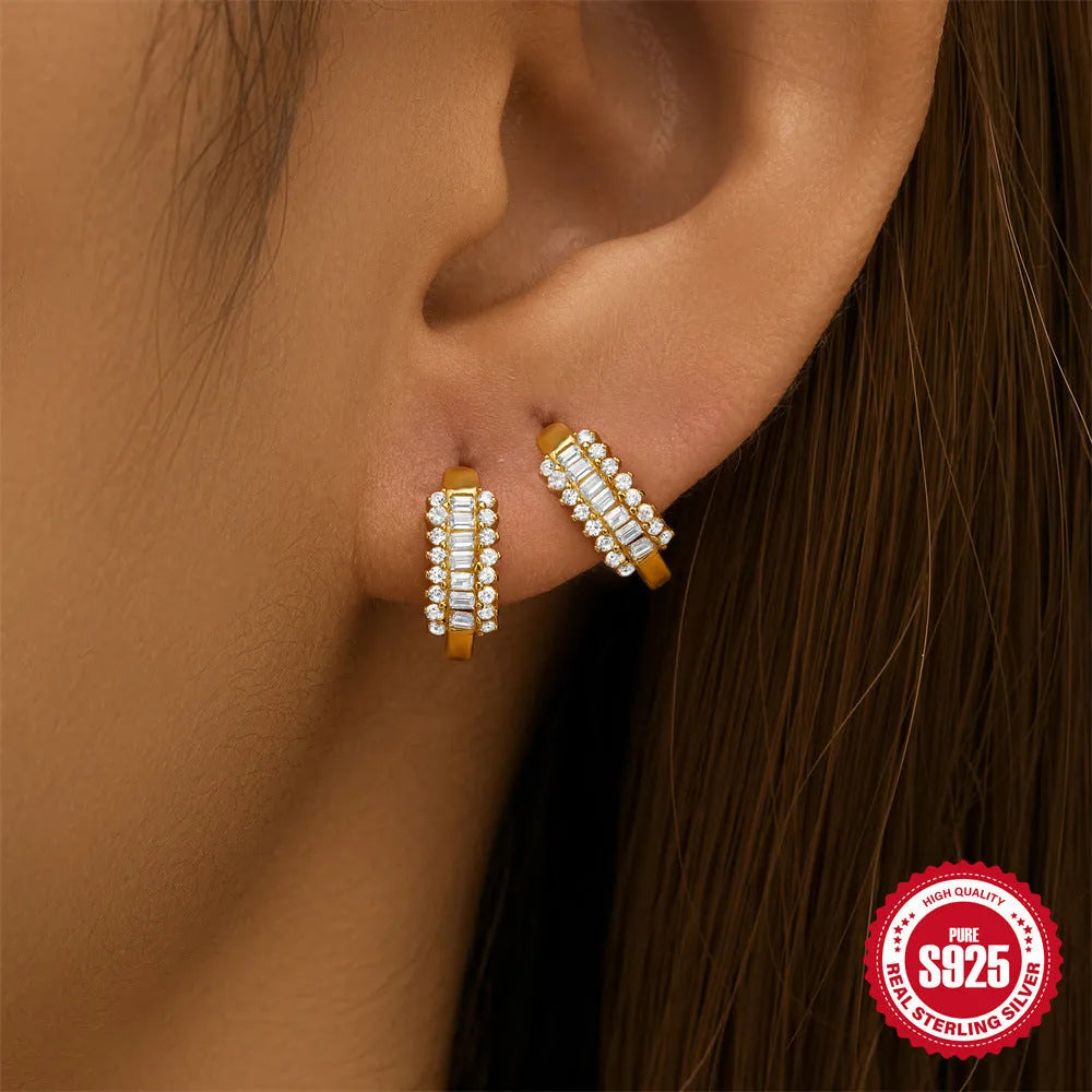 Small round geometric sterling silver stud earrings with diamond accents in gold or silver finish