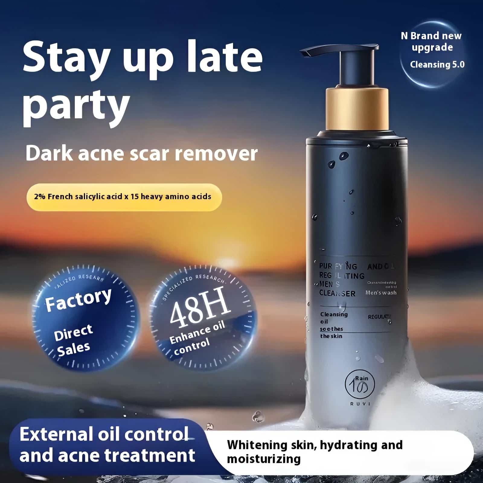 Men's facial cleanser 150ml bottle for oil control, blackhead removal and acne care