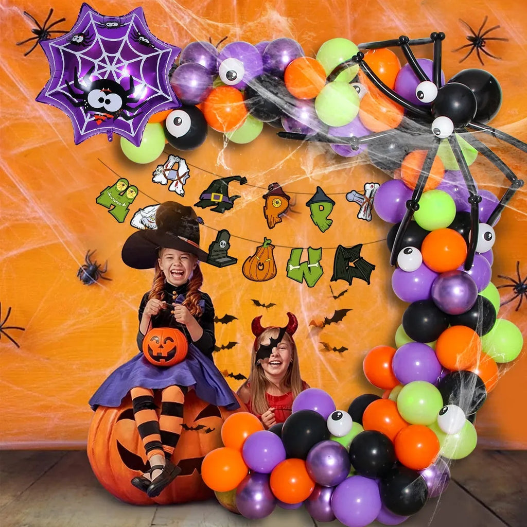 Halloween spider balloon arch decoration set with white and black round latex balloons