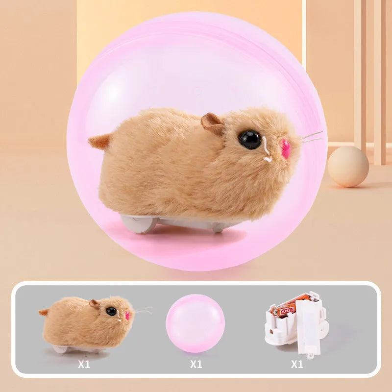 Transparent plastic hamster rolling ball with plush shell in beige hamster design and battery base