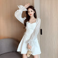 White chiffon patchwork waist-slimming long dress for women with long sleeves