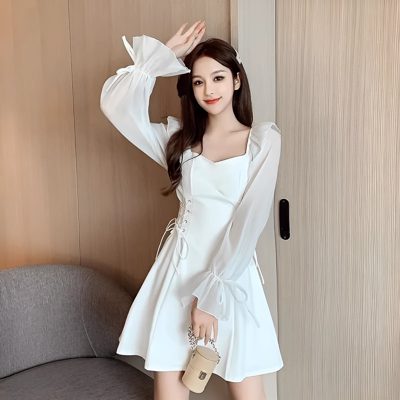 White chiffon patchwork waist-slimming long dress for women with long sleeves