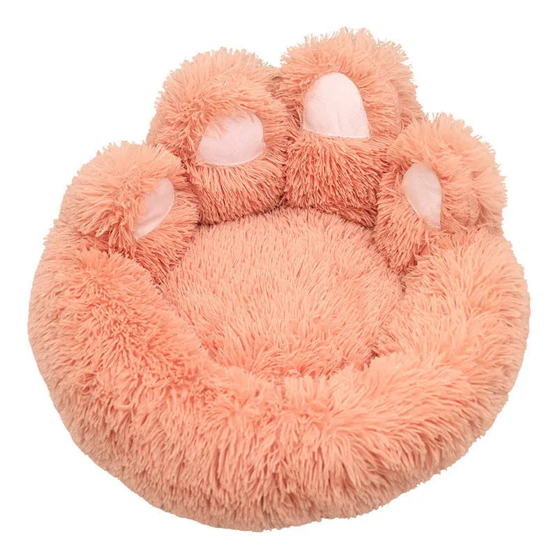 Plush kennel thickened pet bed in coffee colour with hand-shaped brush nest design, 50cm diameter option