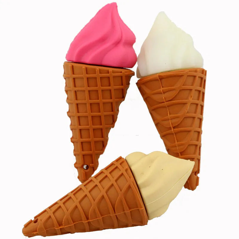 Pink plastic mini ice cream shaped USB flash drive on a white background.