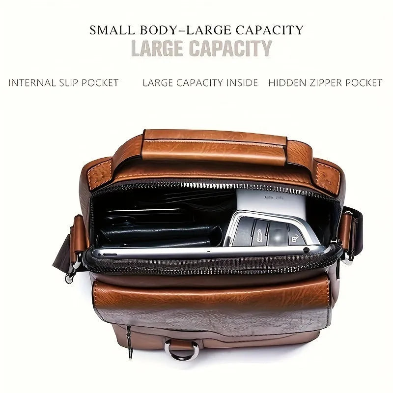 Men's brown PU leather crossbody messenger bag with metal zipper and adjustable strap on a plain background