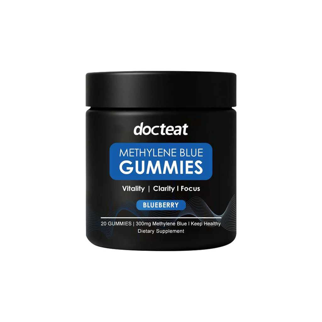Container of 20 soft candy gummy supplements for body care with methylene blue trihydrate.