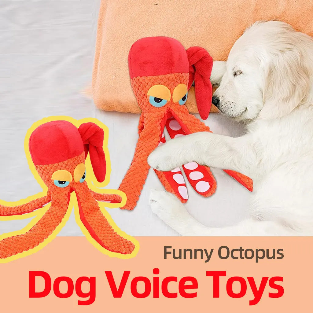 Orange octopus plush dog toy with dental cleaning texture and tentacle design