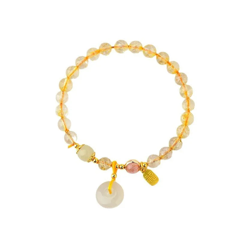 Gold rutilated quartz crystal bracelet with safety buckle and geometric pendant in national style design