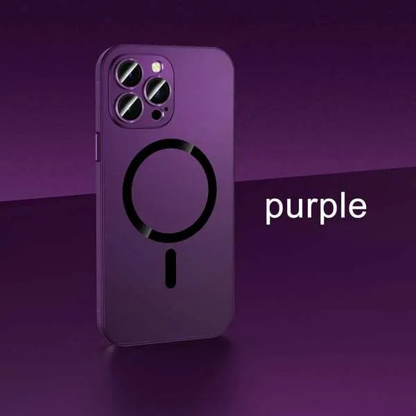 Aluminium alloy frame magnetic protective phone case for iPhone, shown in dark purple colour with nickel piece.