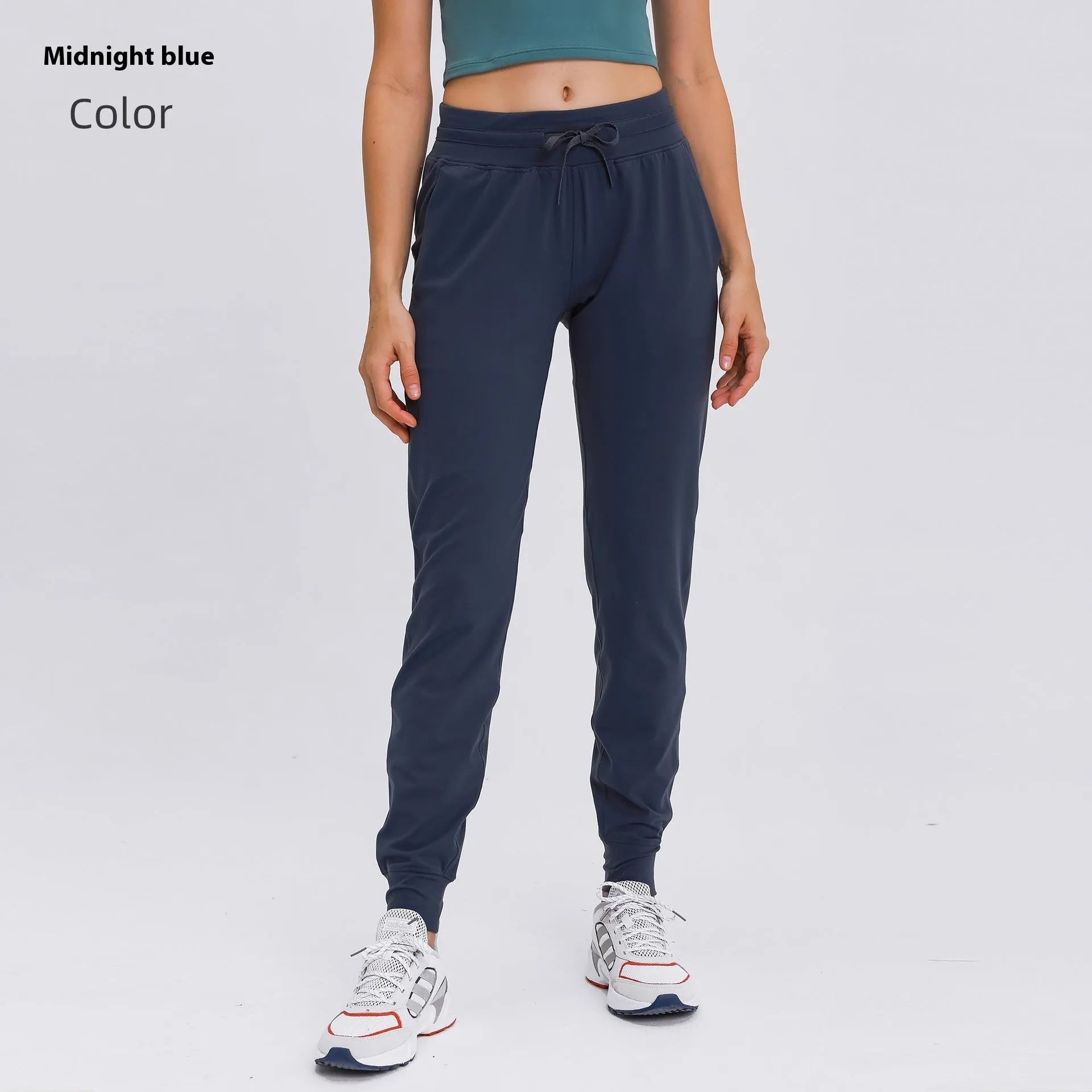 Women's high-waist yoga pants with drawstring waist in Belgian Blue colour