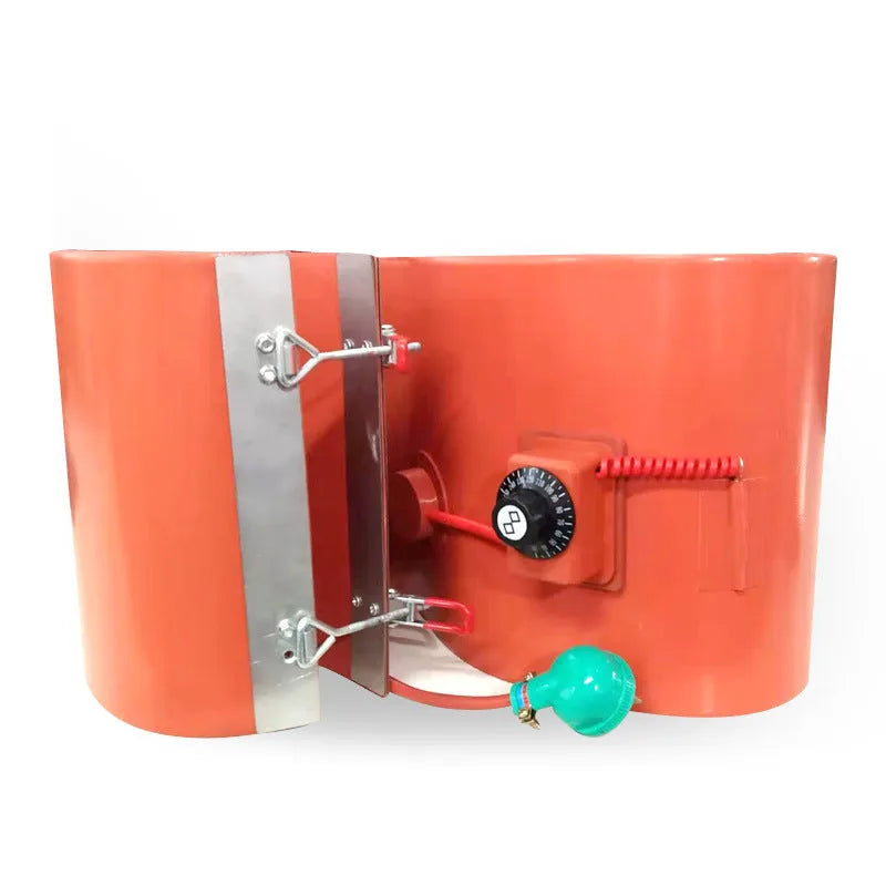 Silicone rubber heating belt wrapped around a 200-litre oil drum with digital display control