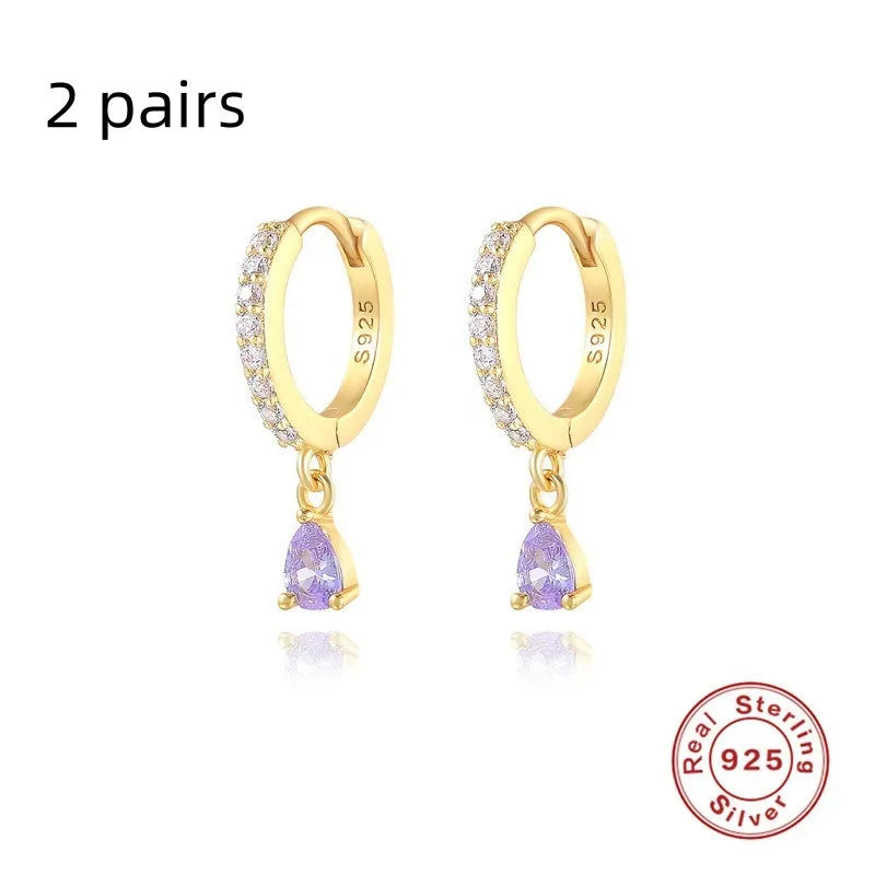 S925 sterling silver geometric water drop earrings with electroplated finish and stone accents