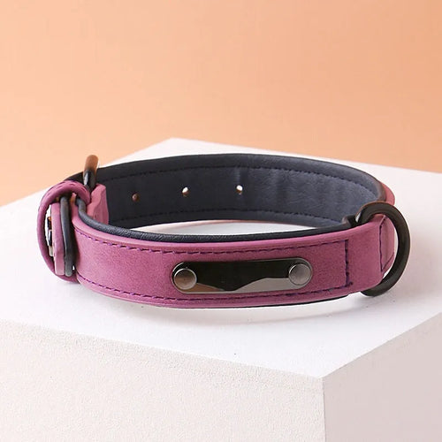 Adjustable dog collar showing double-layer construction with PU front and microfiber back in multiple colour options
