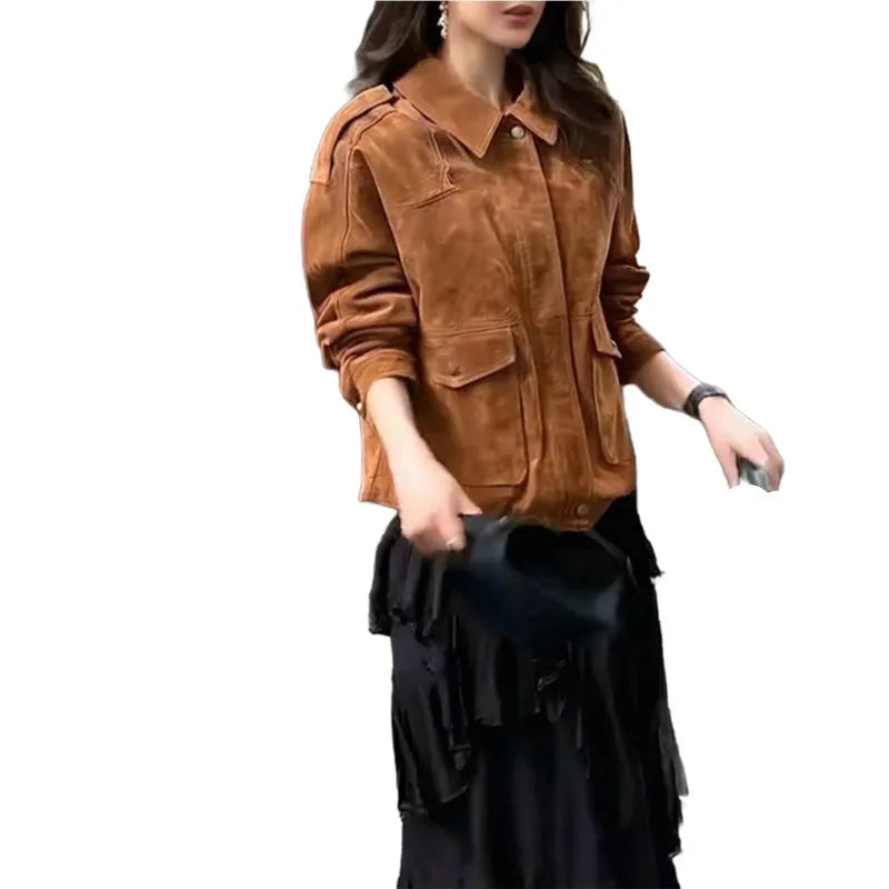 Women's regular sleeve suede coat in bright brown and brown colours showing polyester construction