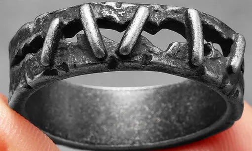 Men's stainless steel double band gothic ring with stitched design detail in silver.