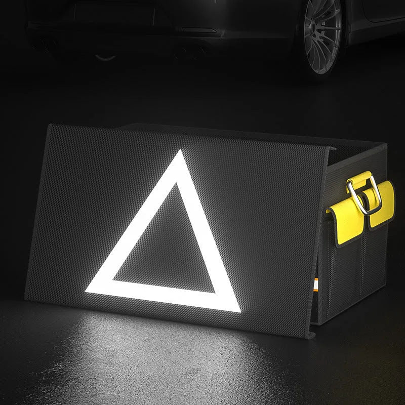Black and yellow foldable fabric car boot storage organiser bag with handle in three size options.