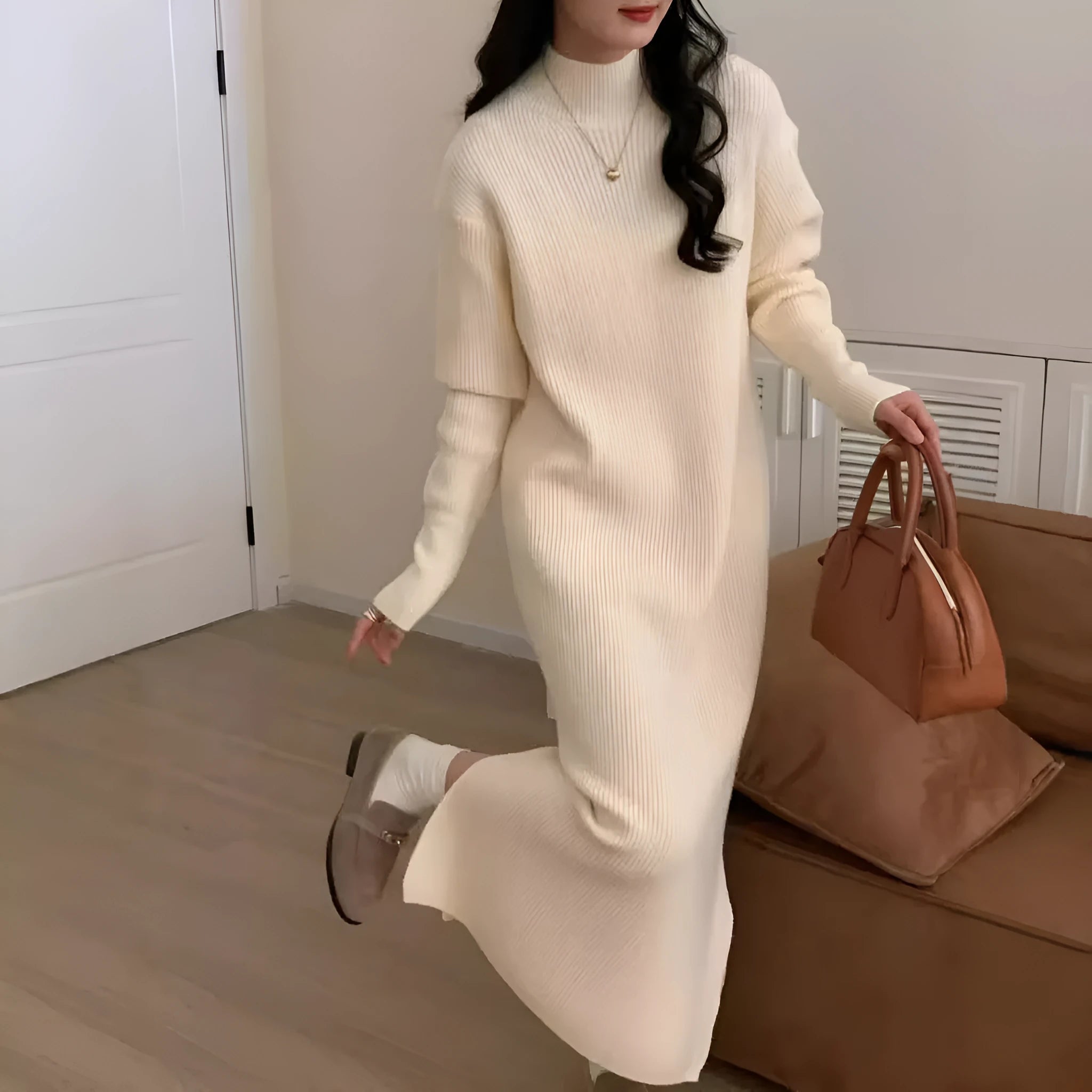 Half turtleneck long sleeve knitted dress in solid colour with high waist