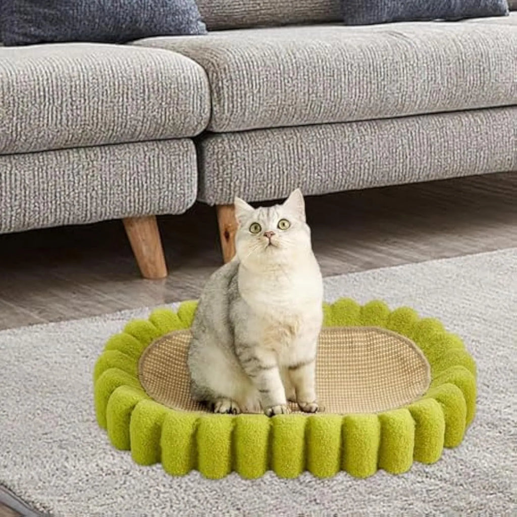 Green oval cat scratcher bed made of sisal, showing scratching surface and lounging area.