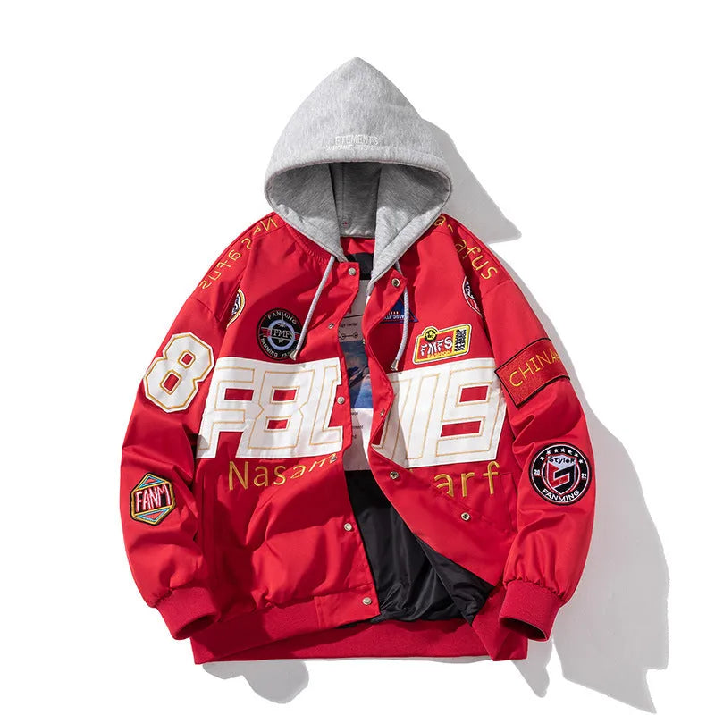 American motorcycle baseball uniform jacket in black, red, or blue with removable hood and cotton-padded lining