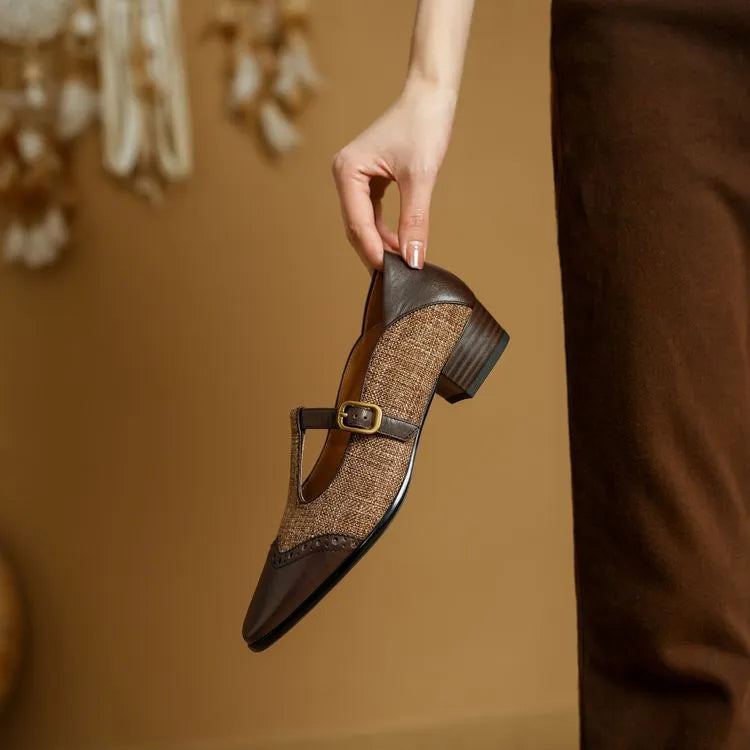 Women's Mary Jane pumps with low chunky heel, T-strap, black cowhide upper, round toe, sizes 34-40
