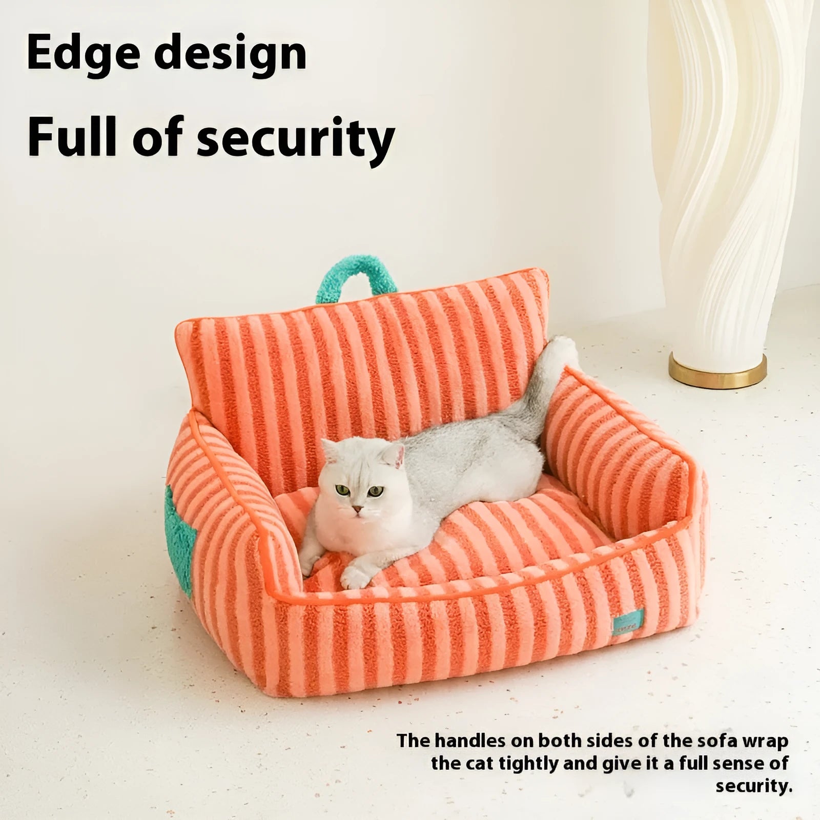 Striped plush dog bed with removable cover in yellow, orange, and purple colour options.