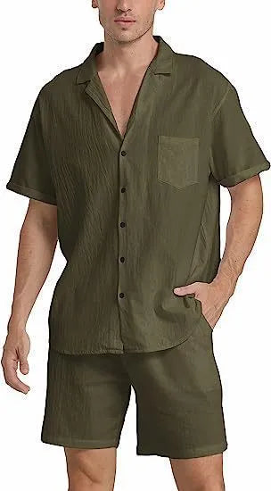 Men's flax fabric sports shorts suit with short-sleeved top and matching shorts