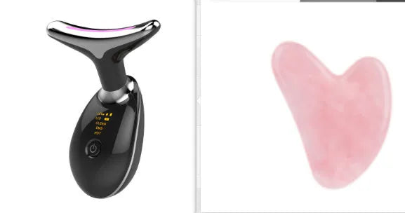 Black and silver EMS thermal neck lifting massager with LED lights for wrinkle reduction and skin tightening.