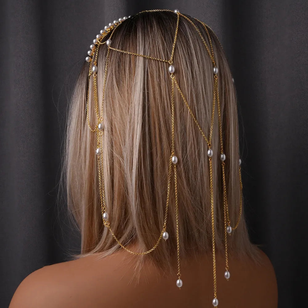 Gold and silver electroplated mesh tassel hair chain with pearl design for women
