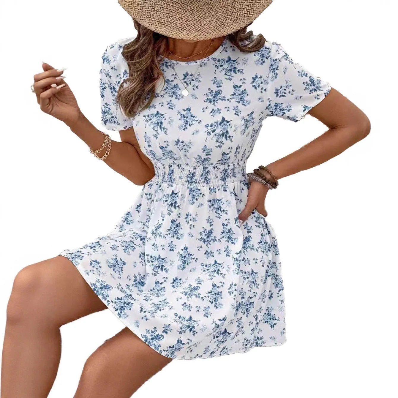 Light blue high waist A-line dress with regular sleeves and mid-length skirt in Japanese Korean casual style