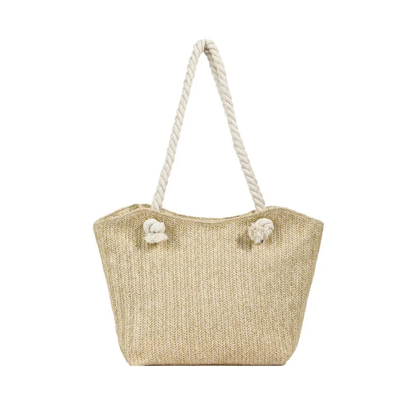 Womens straw large capacity shoulder handbag in khaki with synthetic leather lining and single strap